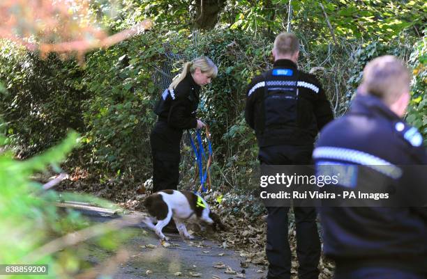 Police search with a dog close to the location where body of Rebecca Aylward was found in a wooded area just outside Aberkenfig, Bridgend, south...