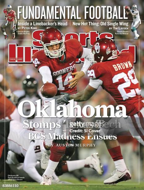 December 1, 2008 Sports Illustrated via Getty Images Cover: College Football: Oklahoma QB Sam Bradford in action, making handoff to Chris Brown...