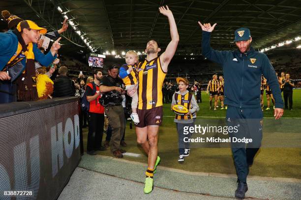 Luke Hodge of the Hawks celebrates the win with Josh Gibson after his retirement match during round 23 AFL match between the Hawthorn Hawks and the...