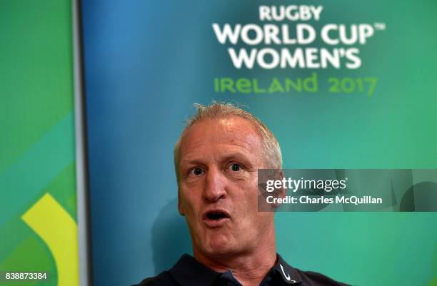 England coach Simon Middleton during the pre-final press conference at Clayton Hotel on August 25, 2017 in Belfast, Northern Ireland. New Zealand...