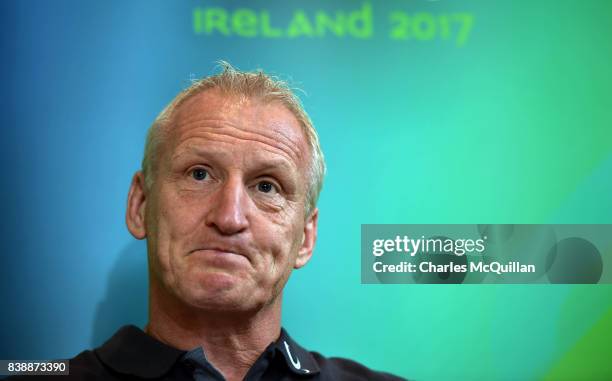 England coach Simon Middleton during the pre-final press conference at Clayton Hotel on August 25, 2017 in Belfast, Northern Ireland. New Zealand...