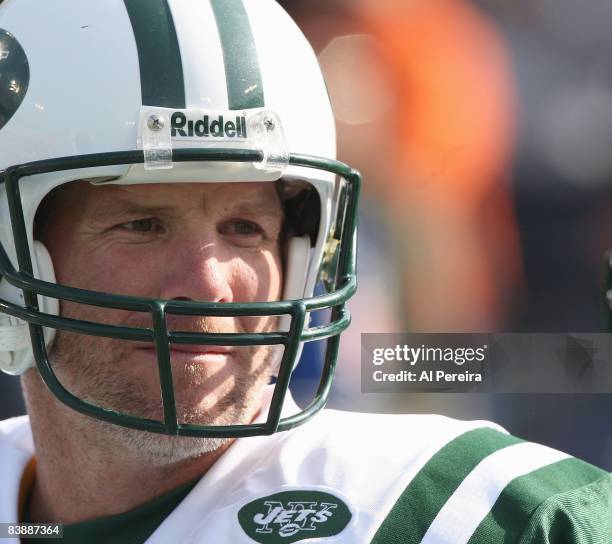 Quarterback Brett Favre of the New York Jets watches the action against the Tennessee Titans on November 23, 2008 at LP Field, Nashhville, Tennesse....