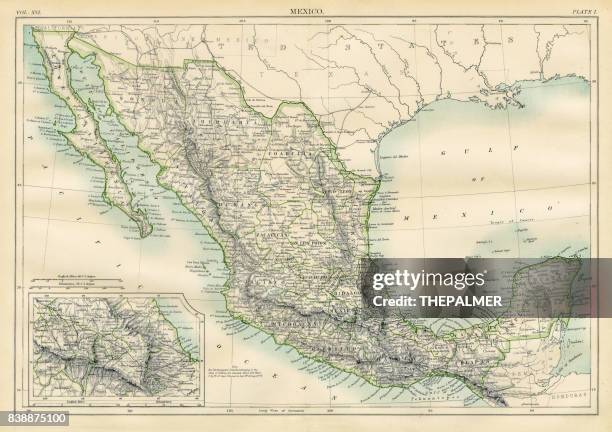 ilustraciones, imágenes clip art, dibujos animados e iconos de stock de mapa de méxico 1883 - mexico map