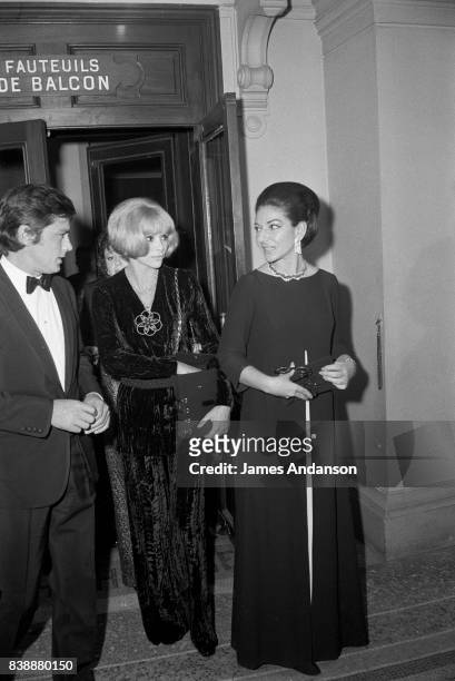 The french actor Alain Delon, the french actress Mireille Darc and the Greek Opera singer Maria Callas at the Opera in Paris, 15th October 1968