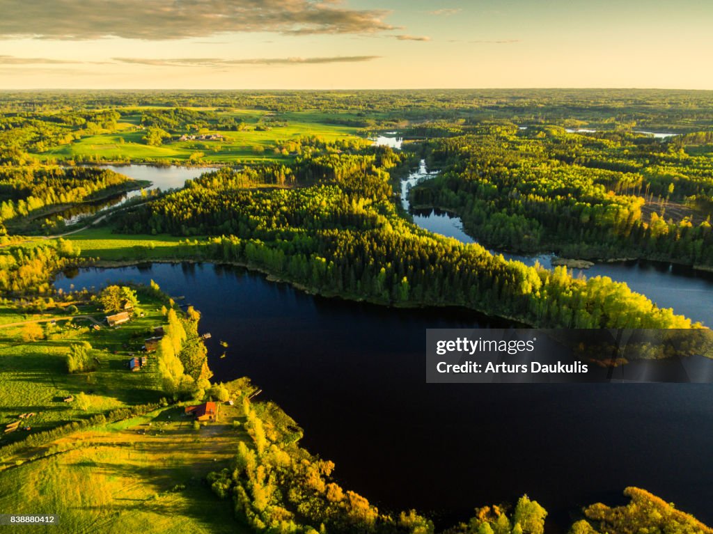 Aerial view of lake Stupens and green forests