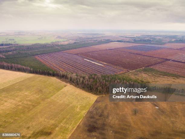 aerial view of latvian farm lands in early spring - gloomy swamp stock pictures, royalty-free photos & images