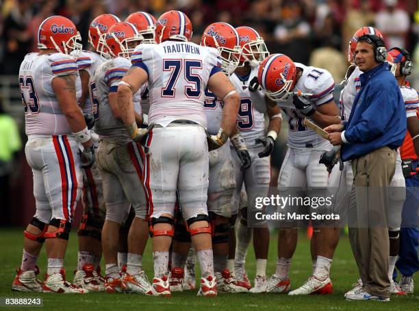 Head coach Urban Meyer of the Florida Gators watches his team during a game against the Florida State Seminoles at Bobby Bowden Field at Doak...