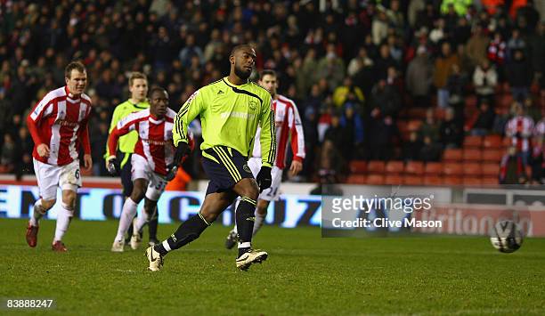 Nathan Ellington of Derby County shoots and scores a penalty during the Carling Cup quarter final match between Stoke City and Derby County at the...