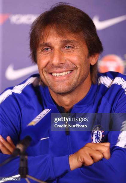 Antonio Conte, manager of Chelsea during a press conference at Cobham Training Ground on 25 August, 2017 in Cobham, England.