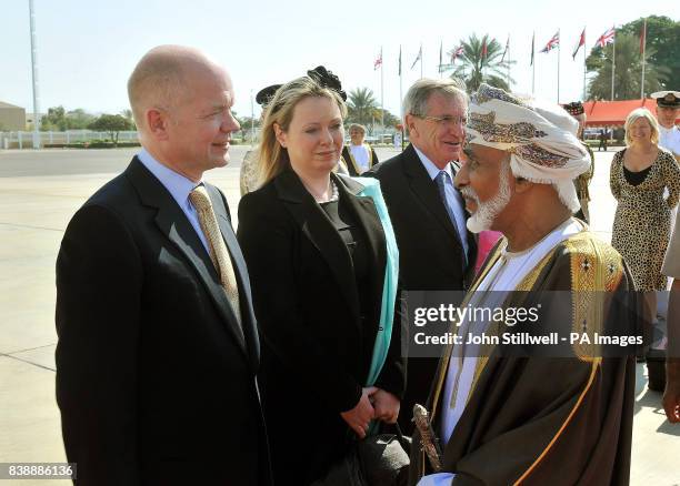 Foreign Secretary William Hague and his wife Ffion talk with the Sultan of Oman, His Majesty Sultan Qaboos bin Said, before departing Muscat Airport...