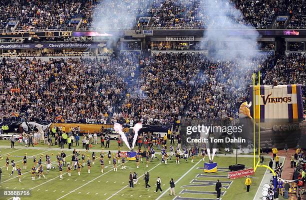 General view as pyrotechnics explode as part of the Minnesota Vikings team entrance prior to an NFL game against the Chicago Bears at the Hubert H....