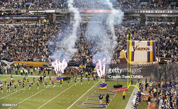 General view as pyrotechnics explode as part of the Minnesota Vikings team entrance prior to an NFL game against the Chicago Bears at the Hubert H....