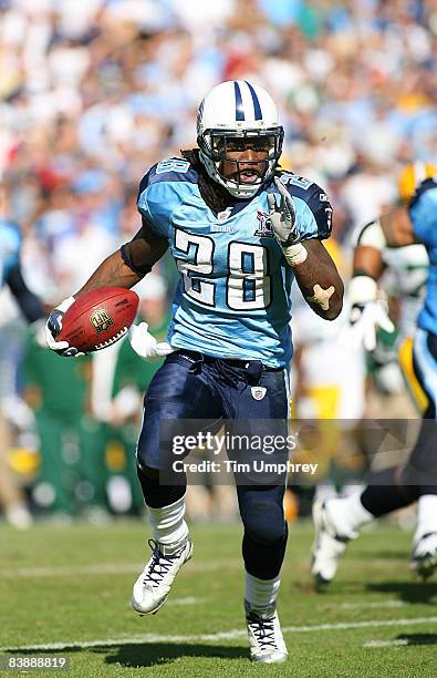 Running back Chris Johnson of the Tennessee Titans runs down field in a game against the Green Bay Packers at LP Field on November 2, 2008 in...