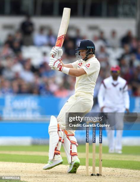 Joe Root of England bats during day one of the 2nd Investec Test between England and the West Indies at Headingley on August 25, 2017 in Leeds,...