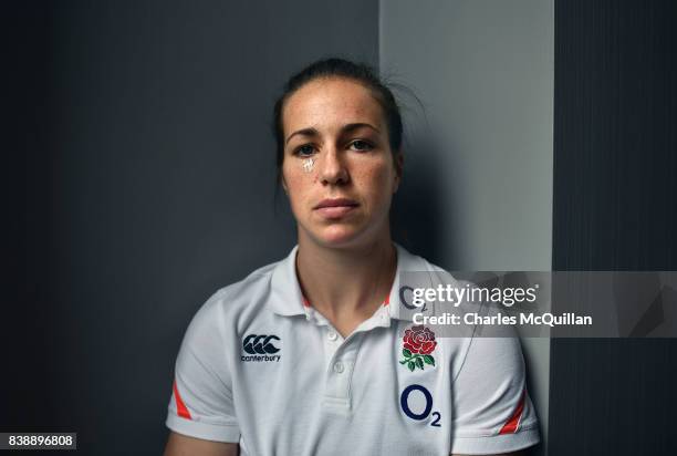 Emily Scarratt of England poses during a photo call and pre-final press conference at Clayton Hotel on August 25, 2017 in Belfast, Northern Ireland....