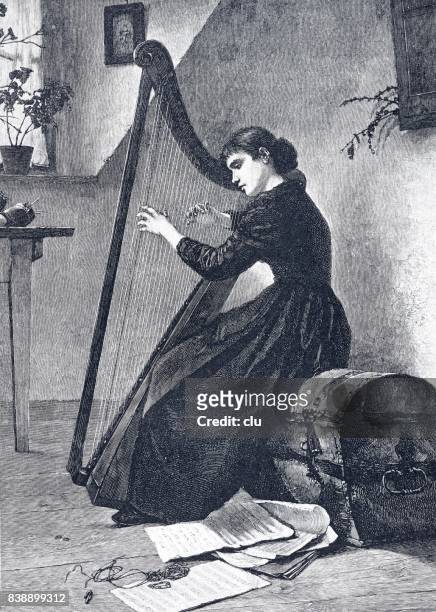 woman playing zither in a room - zither stock illustrations