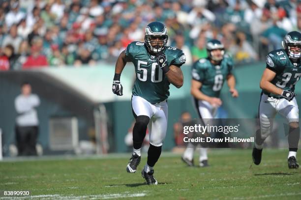 Linebacker Tank Daniels of the Philadelphia Eagles runs during the game against the Atlanta Falcons on October 26, 2008 at Lincoln Financial Field in...