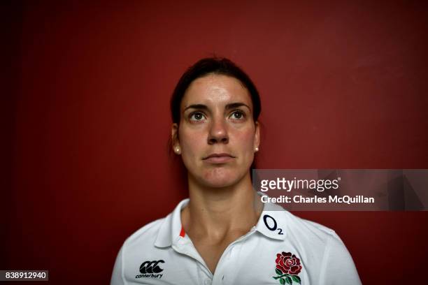 England captain Sarah Hunter poses at a photo call during the pre-final press conference at Clayton Hotel on August 25, 2017 in Belfast, Northern...