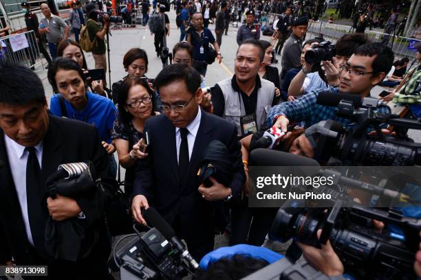 Former Prime Minister Yingluck Shinawatra's lawyer Norrawit Larlaeng denies knowledge of her whereabouts outside the Supreme Court in Bangkok,...