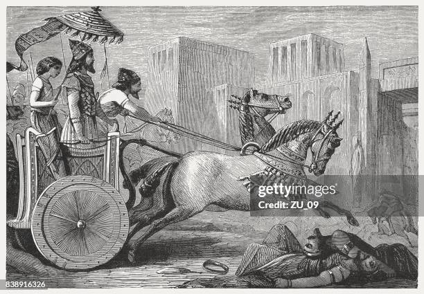 stockillustraties, clipart, cartoons en iconen met koning cyrus ii een veroverde stad, indienststelling gepubliceerd 1886 - chariot