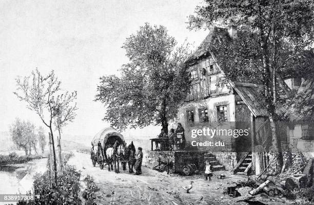 ilustraciones, imágenes clip art, dibujos animados e iconos de stock de carro de caballos al llegar a la casa de campo - 1899