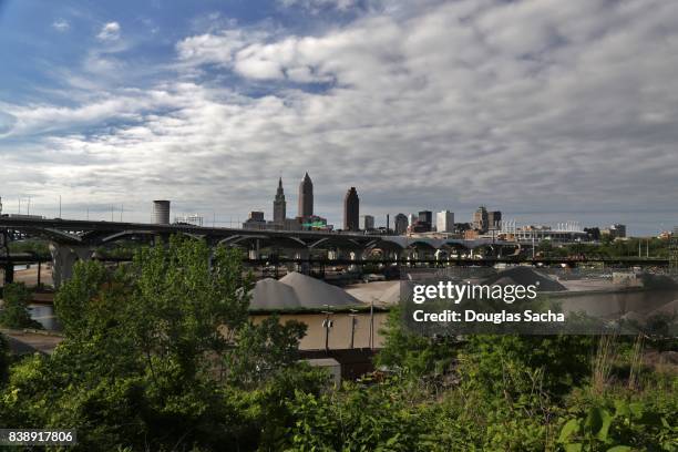 cleveland skyline on the shore of the cuyahoge river - cleveland ohio flats stock pictures, royalty-free photos & images