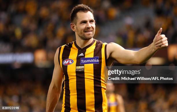 Luke Hodge of the Hawks celebrates during the 2017 AFL round 23 match between the Hawthorn Hawks and the Western Bulldogs at Etihad Stadium on August...