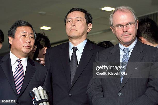 South Korean envoy Kim Sook speaks to the media, along with Japanese envoy Akitaka Saiki and U.S. Envoy Christopher Hill, during the press briefing...