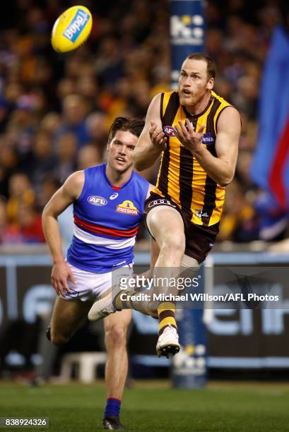 Jarryd Roughead of the Hawks marks the ball ahead of Bailey Williams of the Bulldogs during the 2017 AFL round 23 match between the Hawthorn Hawks...