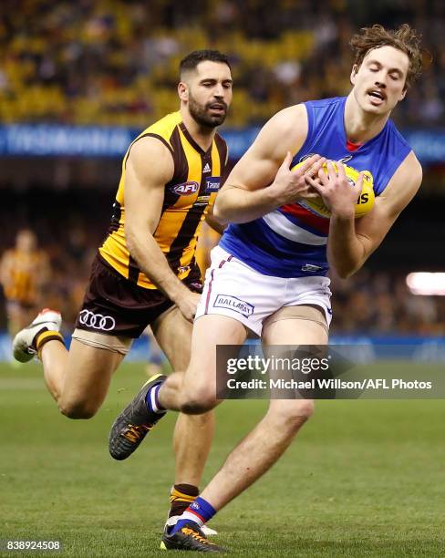 Zaine Cordy of the Bulldogs and Paul Puopolo of the Hawks in action during the 2017 AFL round 23 match between the Hawthorn Hawks and the Western...