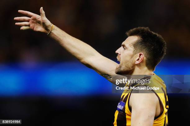 Luke Hodge of the Hawks shouts instructions to teammates during round 23 AFL match between the Hawthorn Hawks and the Western Bulldogs at Etihad...