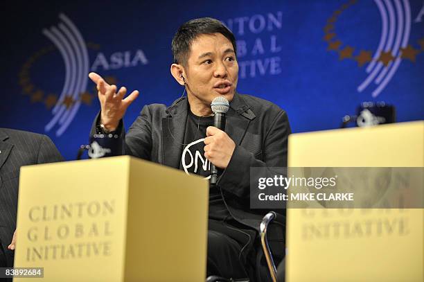 Movie star and founder of "One" foundation Jet Li speaks at the Clinton Global Initiative in Hong Kong on December 3, 2008. The Clinton Global...