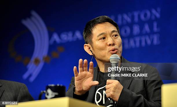 Movie star and founder of "One" foundation Jet Li speaks at the Clinton Global Initiative in Hong Kong on December 3, 2008. The Clinton Global...