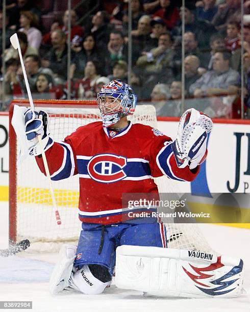 Carey Price of the Montreal Canadiens reacts to the Atlanta Thrashers third goal in less than one minute at the Bell Centre on December 02, 2008 in...