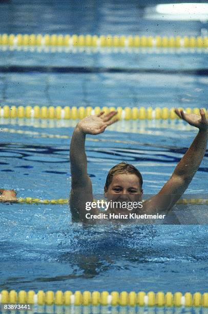 Summer Olympics: East Germany Kornelia Ender victorious after winning at the Montreal Olympic Pool. Ender won four gold medals. Montreal, Canada...