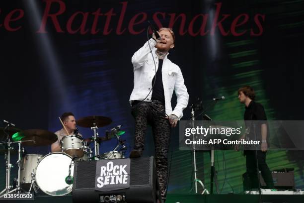 British singer Frank Carter performs on stage with his band Frank Carter & The Rattlesnakes on August 25, 2017 during the Rock en Seine music...