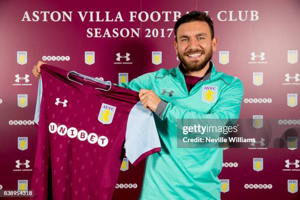 Aston Villa unveil new signing Robert Snodgrass at Bodymoor Heath training ground on August 25, 2017 in Birmingham, England.