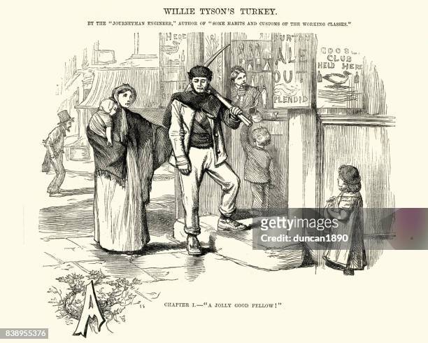 viktorianische arbeitenden menschen in die kneipe gehen - unterschicht stereotypen stock-grafiken, -clipart, -cartoons und -symbole