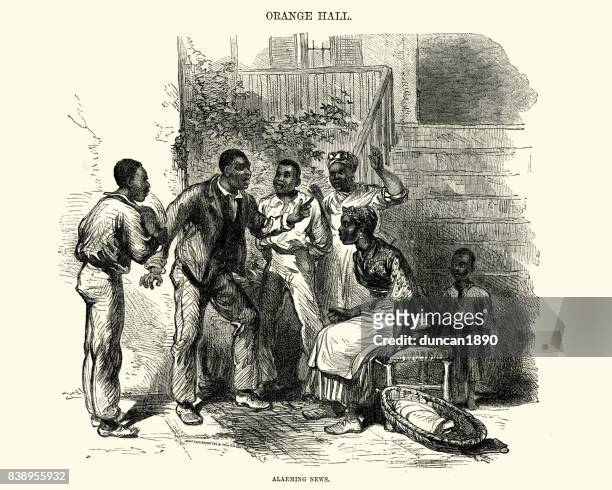 jamaican family outside their home, 19th century - jamaicansk stock illustrations