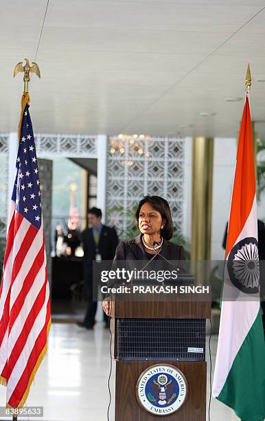 Secretary of State Condoleezza Rice addresses a press conference at the US embassy in New Delhi on December 3, 2008. Rice put pressure on Pakistan on...