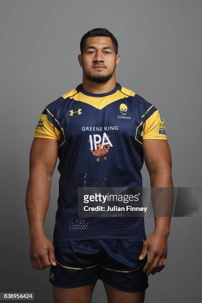Alafoti Faosiliva of Worcester poses for a portrait during the Worcester Warriors Photocall for the 2017-2018 Aviva Premiership Rugby season at...