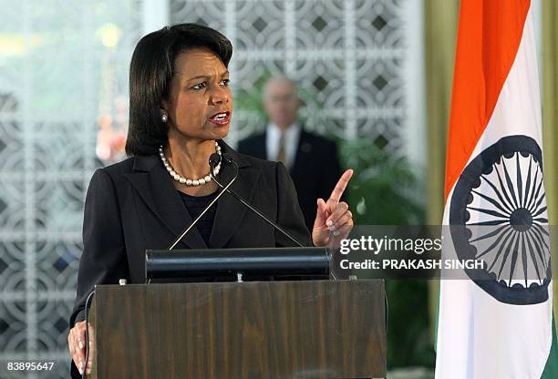 Secretary of State Condoleezza Rice addresses a press conference at the US embassy in New Delhi on December 3, 2008. Rice put pressure on Pakistan on...