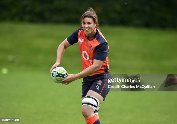 England captain Sarah Hunter during the squad training session at Queen's Sports Centre on August 25, 2017 in Belfast, Northern Ireland. New Zealand...