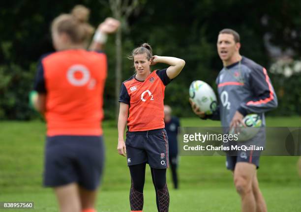 Emily Scarratt of England during the squad training session at Queen's Sports Centre on August 25, 2017 in Belfast, Northern Ireland. New Zealand...