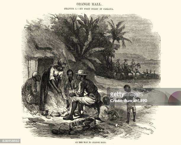 jamaican family by a fire, 19th century - jamaicansk stock illustrations