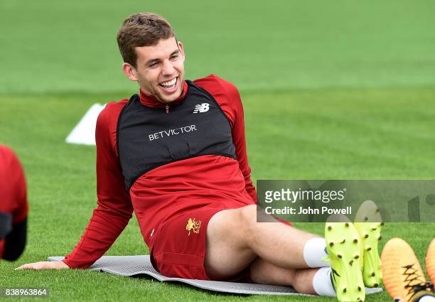 Jon Flanagan of Liverpool during a training session at Melwood Training Ground on August 25, 2017 in Liverpool, England.