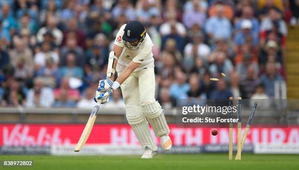 England batsman Stuart Broad is bowled by Shannon Gabriel for 0 during day one of the 2nd Investec Test match between England and West Indies at...