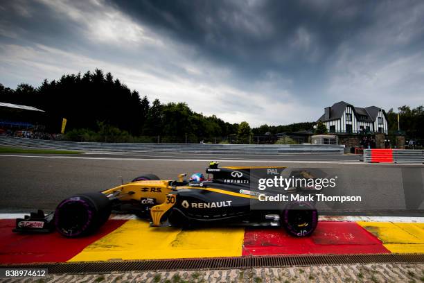 Jolyon Palmer of Great Britain driving the Renault Sport Formula One Team Renault RS17 on track during practice for the Formula One Grand Prix of...