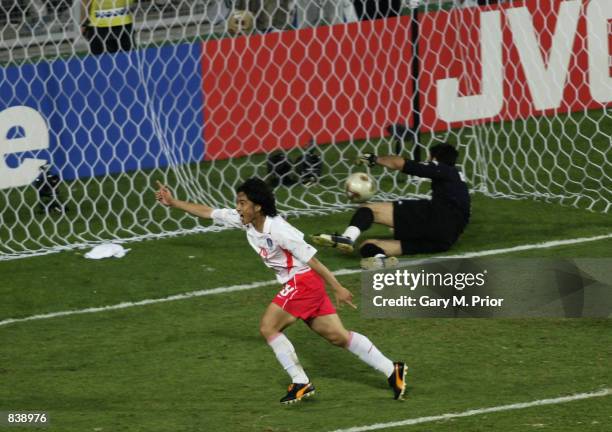 Jung Hwan Ahn of South Korea heads the winning goal past goalkeeper Gianluigi Buffon of Italy during the FIFA World Cup Finals 2002 Second Round...