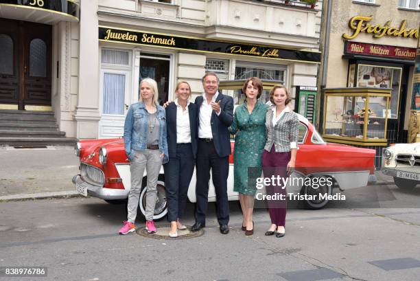 Annette Hess, Heike Hempel, Nico Hofmann, Claudia Michaelsen and Sonja Gerhardt during a set visit of 'Ku'damm 59' on August 25, 2017 in Berlin,...